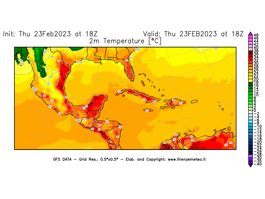 Mappa di analisi GFS - Temperatura a 2 metri dal suolo [°C] in Centro-America
							del 23/02/2023 18 <!--googleoff: index-->UTC<!--googleon: index-->