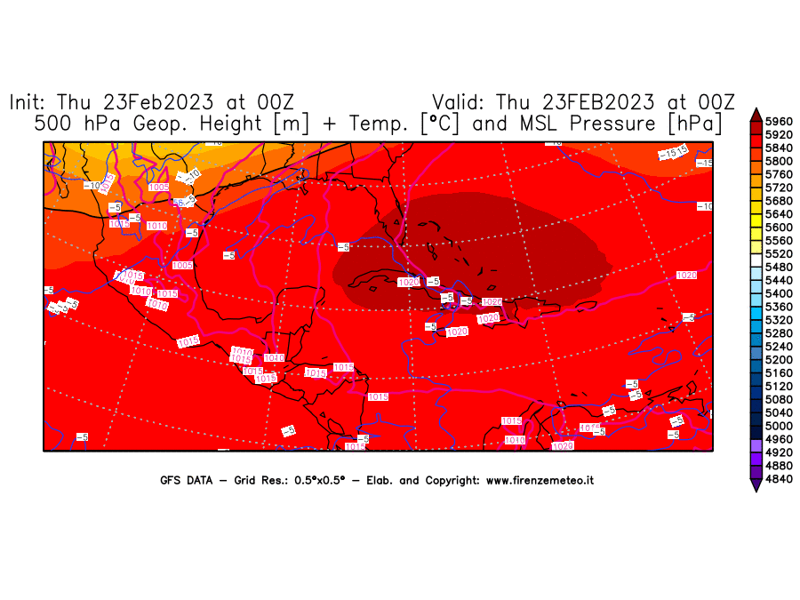 Mappa di analisi GFS - Geopotenziale [m] + Temp. [°C] a 500 hPa + Press. a livello del mare [hPa] in Centro-America
							del 23/02/2023 00 <!--googleoff: index-->UTC<!--googleon: index-->