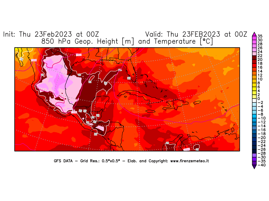 Mappa di analisi GFS - Geopotenziale [m] e Temperatura [°C] a 850 hPa in Centro-America
							del 23/02/2023 00 <!--googleoff: index-->UTC<!--googleon: index-->