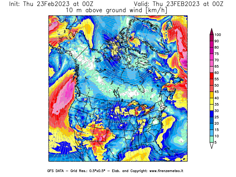 Mappa di analisi GFS - Velocità del vento a 10 metri dal suolo [km/h] in Nord-America
							del 23/02/2023 00 <!--googleoff: index-->UTC<!--googleon: index-->