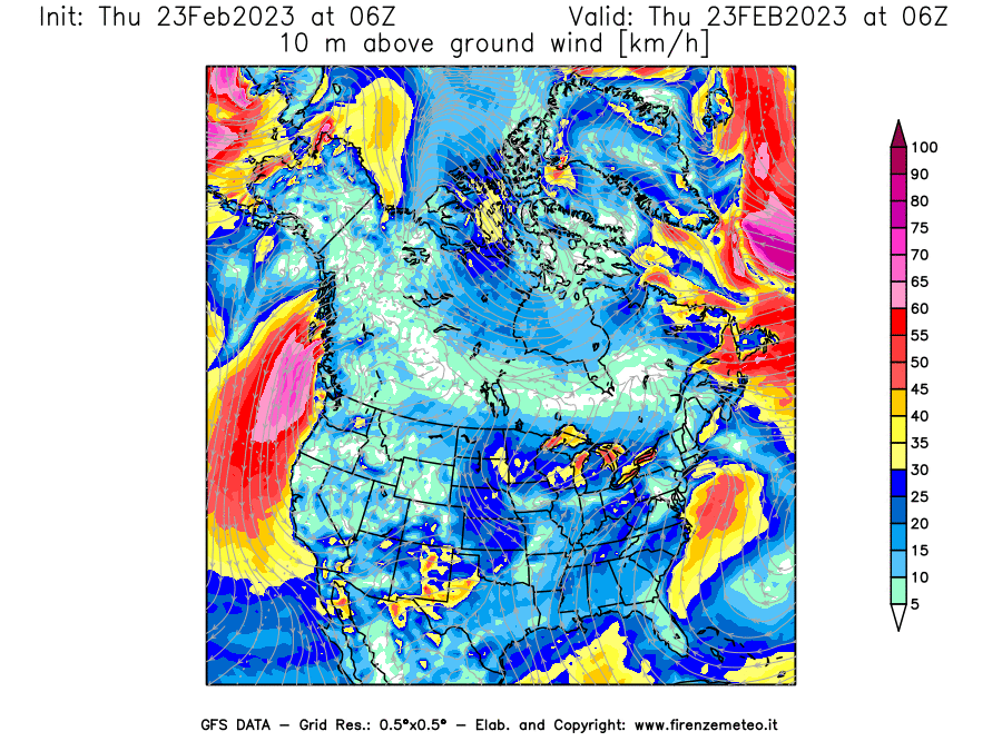 Mappa di analisi GFS - Velocità del vento a 10 metri dal suolo [km/h] in Nord-America
							del 23/02/2023 06 <!--googleoff: index-->UTC<!--googleon: index-->