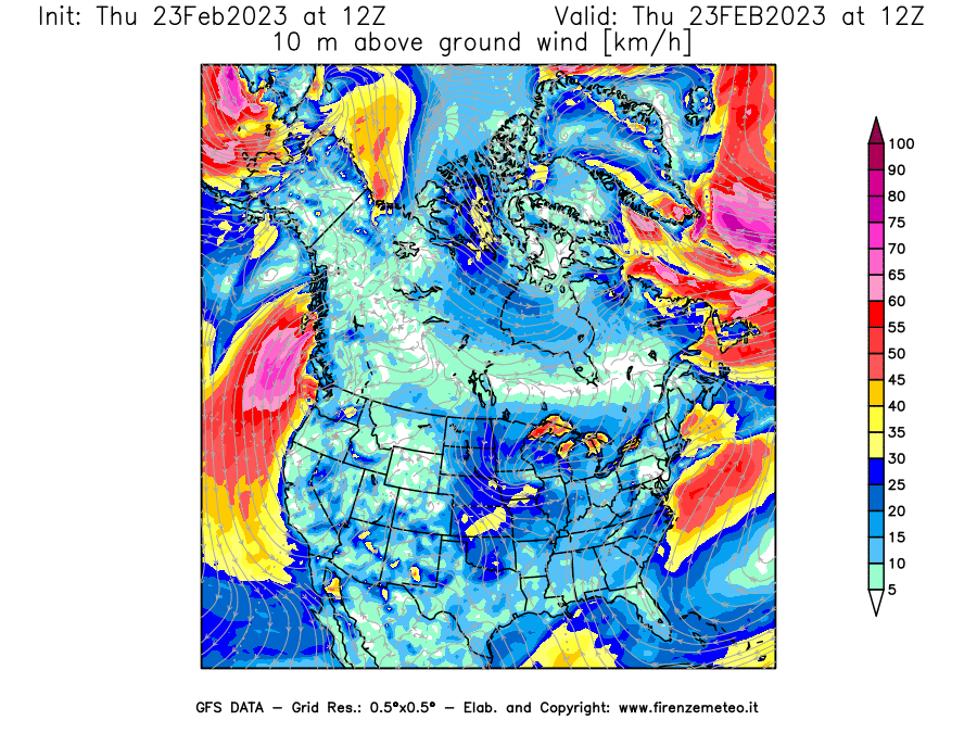 Mappa di analisi GFS - Velocità del vento a 10 metri dal suolo [km/h] in Nord-America
							del 23/02/2023 12 <!--googleoff: index-->UTC<!--googleon: index-->