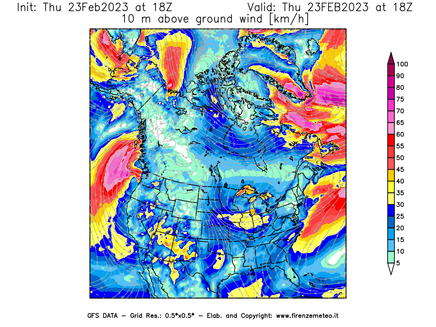 Mappa di analisi GFS - Velocità del vento a 10 metri dal suolo [km/h] in Nord-America
							del 23/02/2023 18 <!--googleoff: index-->UTC<!--googleon: index-->