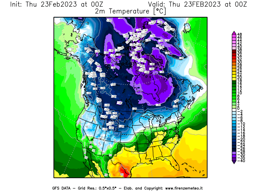 Mappa di analisi GFS - Temperatura a 2 metri dal suolo [°C] in Nord-America
							del 23/02/2023 00 <!--googleoff: index-->UTC<!--googleon: index-->