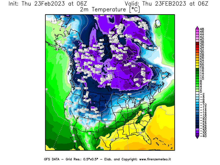 Mappa di analisi GFS - Temperatura a 2 metri dal suolo [°C] in Nord-America
							del 23/02/2023 06 <!--googleoff: index-->UTC<!--googleon: index-->