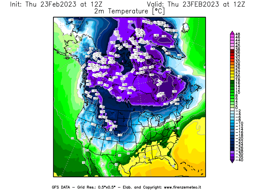 Mappa di analisi GFS - Temperatura a 2 metri dal suolo [°C] in Nord-America
							del 23/02/2023 12 <!--googleoff: index-->UTC<!--googleon: index-->