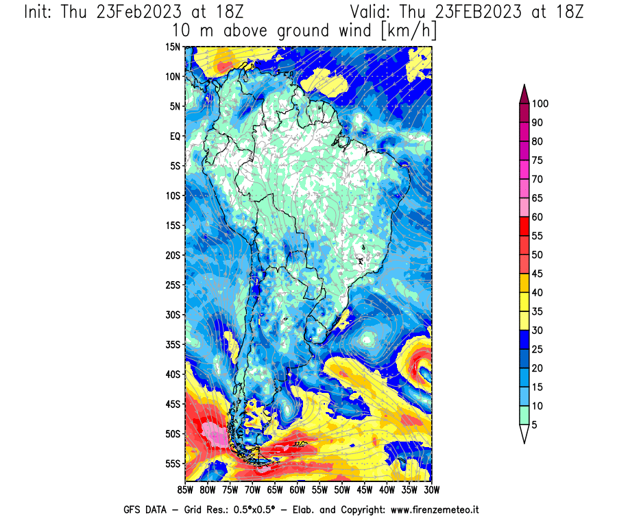 Mappa di analisi GFS - Velocità del vento a 10 metri dal suolo [km/h] in Sud-America
							del 23/02/2023 18 <!--googleoff: index-->UTC<!--googleon: index-->