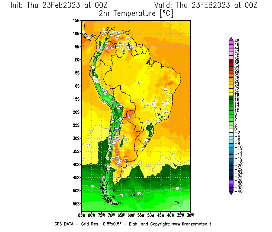 Mappa di analisi GFS - Temperatura a 2 metri dal suolo [°C] in Sud-America
							del 23/02/2023 00 <!--googleoff: index-->UTC<!--googleon: index-->