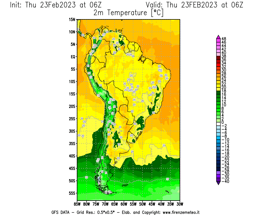 Mappa di analisi GFS - Temperatura a 2 metri dal suolo [°C] in Sud-America
							del 23/02/2023 06 <!--googleoff: index-->UTC<!--googleon: index-->