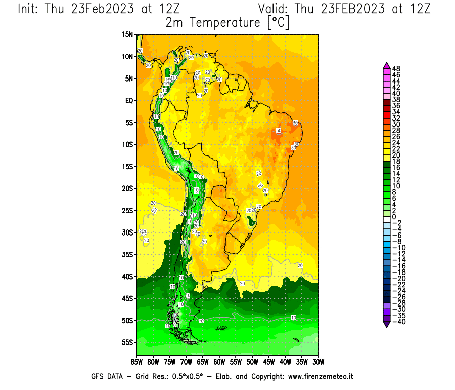 Mappa di analisi GFS - Temperatura a 2 metri dal suolo [°C] in Sud-America
							del 23/02/2023 12 <!--googleoff: index-->UTC<!--googleon: index-->