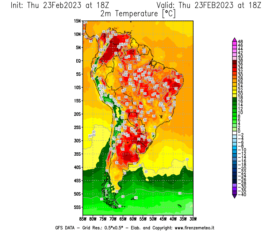 Mappa di analisi GFS - Temperatura a 2 metri dal suolo [°C] in Sud-America
							del 23/02/2023 18 <!--googleoff: index-->UTC<!--googleon: index-->