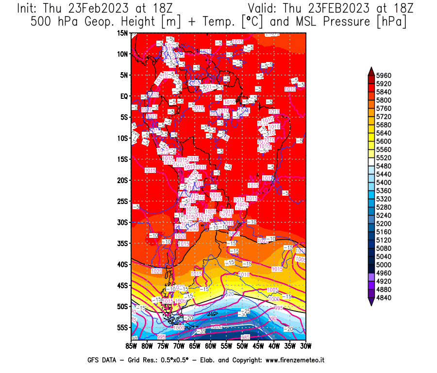 Mappa di analisi GFS - Geopotenziale [m] + Temp. [°C] a 500 hPa + Press. a livello del mare [hPa] in Sud-America
							del 23/02/2023 18 <!--googleoff: index-->UTC<!--googleon: index-->