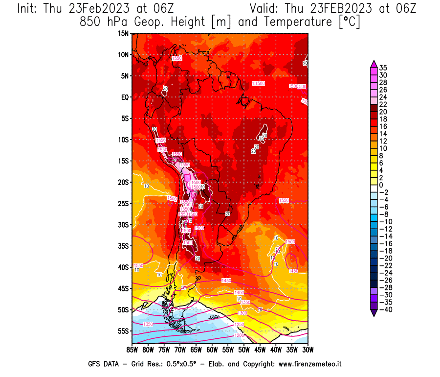 Mappa di analisi GFS - Geopotenziale [m] e Temperatura [°C] a 850 hPa in Sud-America
							del 23/02/2023 06 <!--googleoff: index-->UTC<!--googleon: index-->