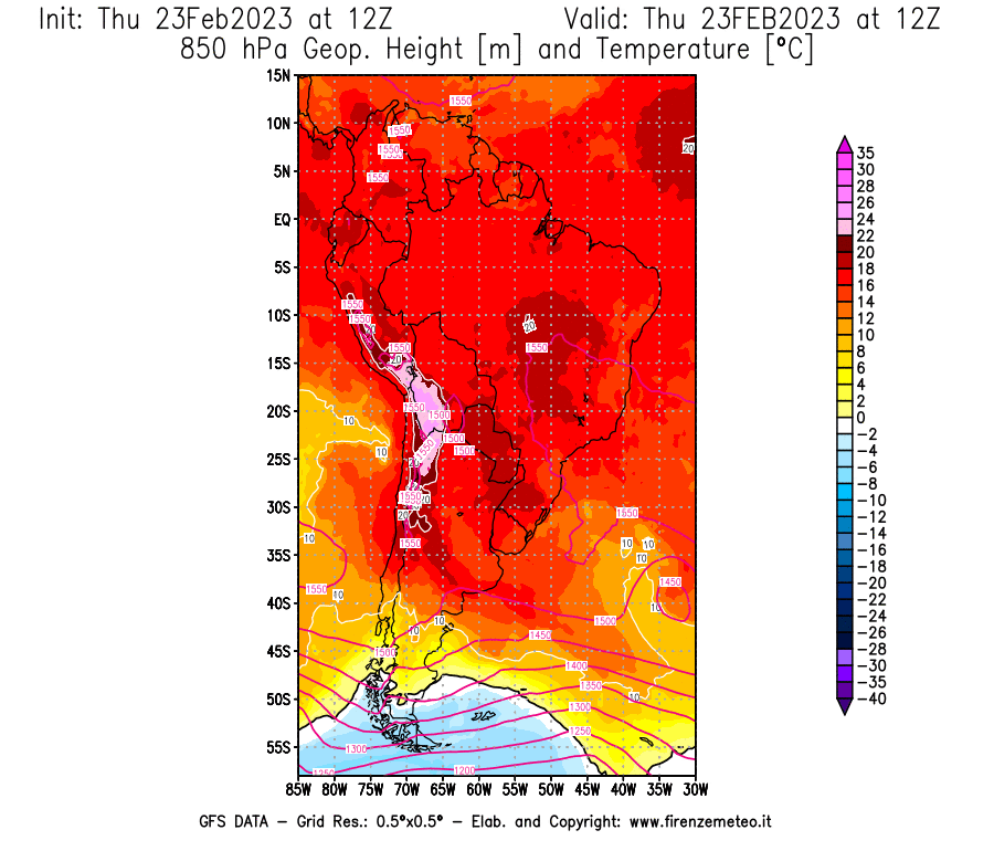 Mappa di analisi GFS - Geopotenziale [m] e Temperatura [°C] a 850 hPa in Sud-America
							del 23/02/2023 12 <!--googleoff: index-->UTC<!--googleon: index-->