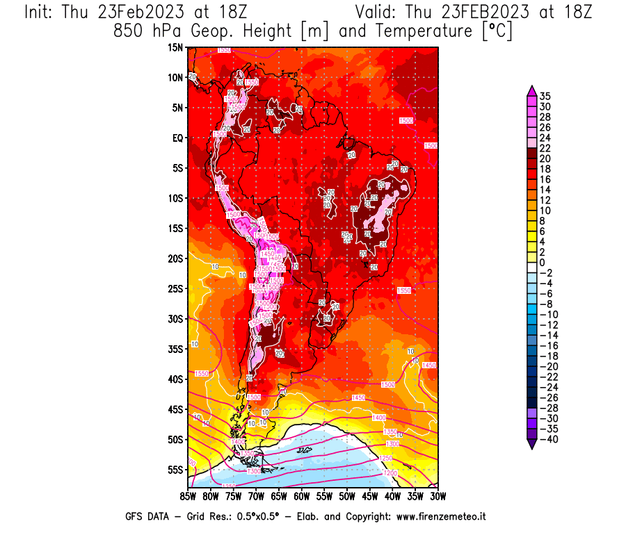 Mappa di analisi GFS - Geopotenziale [m] e Temperatura [°C] a 850 hPa in Sud-America
							del 23/02/2023 18 <!--googleoff: index-->UTC<!--googleon: index-->