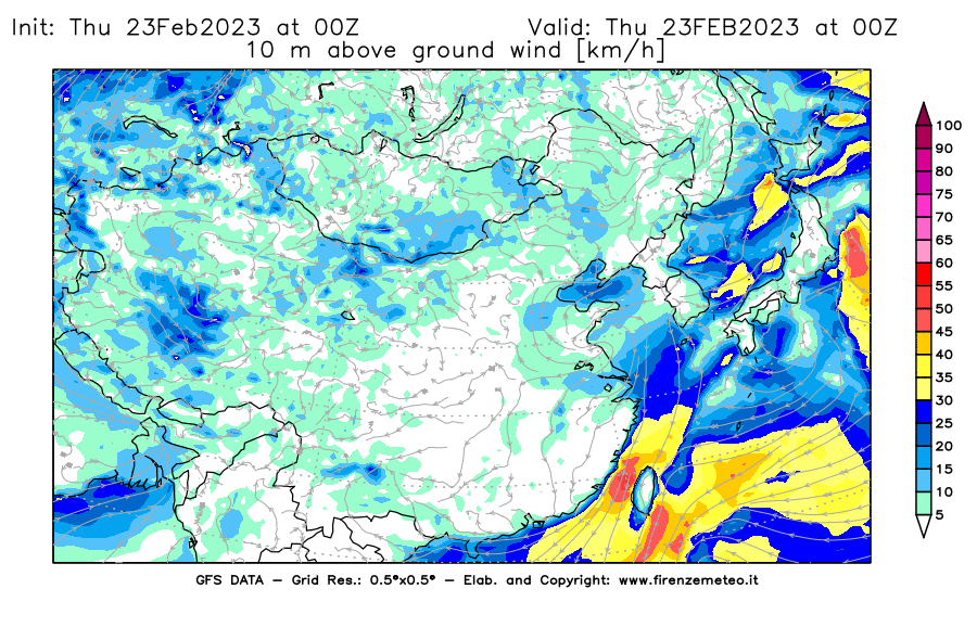 Mappa di analisi GFS - Velocità del vento a 10 metri dal suolo [km/h] in Asia Orientale
							del 23/02/2023 00 <!--googleoff: index-->UTC<!--googleon: index-->