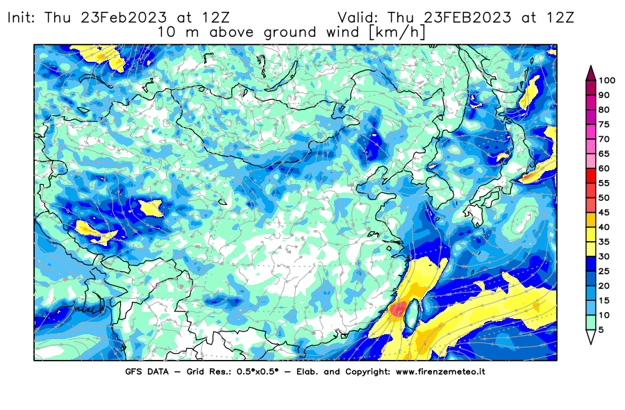 Mappa di analisi GFS - Velocità del vento a 10 metri dal suolo [km/h] in Asia Orientale
							del 23/02/2023 12 <!--googleoff: index-->UTC<!--googleon: index-->