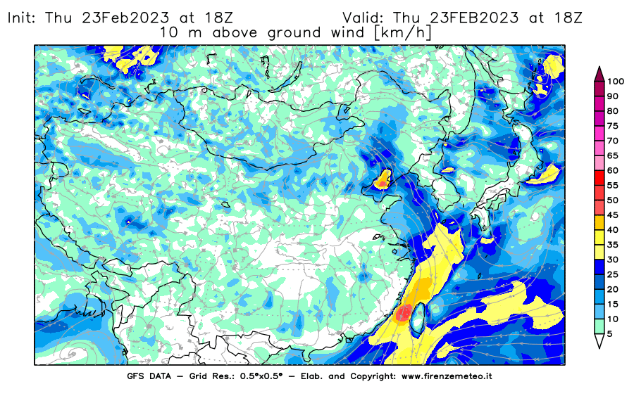 Mappa di analisi GFS - Velocità del vento a 10 metri dal suolo [km/h] in Asia Orientale
							del 23/02/2023 18 <!--googleoff: index-->UTC<!--googleon: index-->