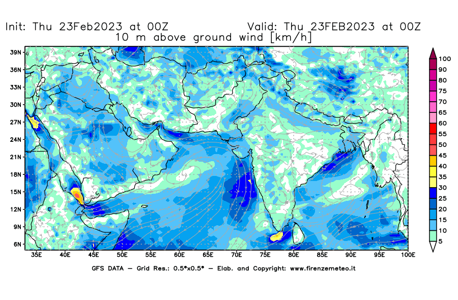 Mappa di analisi GFS - Velocità del vento a 10 metri dal suolo [km/h] in Asia Sud-Occidentale
							del 23/02/2023 00 <!--googleoff: index-->UTC<!--googleon: index-->