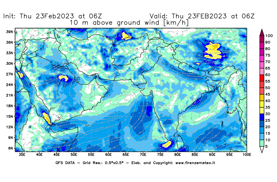 Mappa di analisi GFS - Velocità del vento a 10 metri dal suolo [km/h] in Asia Sud-Occidentale
							del 23/02/2023 06 <!--googleoff: index-->UTC<!--googleon: index-->