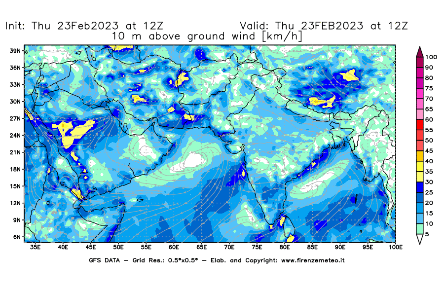 Mappa di analisi GFS - Velocità del vento a 10 metri dal suolo [km/h] in Asia Sud-Occidentale
							del 23/02/2023 12 <!--googleoff: index-->UTC<!--googleon: index-->