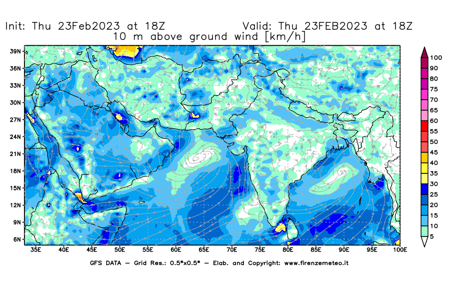 Mappa di analisi GFS - Velocità del vento a 10 metri dal suolo [km/h] in Asia Sud-Occidentale
							del 23/02/2023 18 <!--googleoff: index-->UTC<!--googleon: index-->