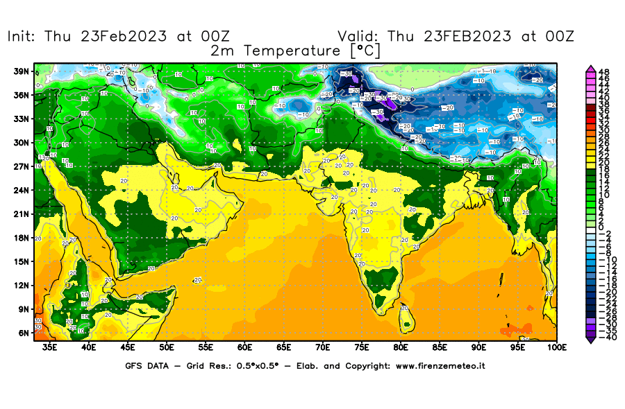 Mappa di analisi GFS - Temperatura a 2 metri dal suolo [°C] in Asia Sud-Occidentale
							del 23/02/2023 00 <!--googleoff: index-->UTC<!--googleon: index-->