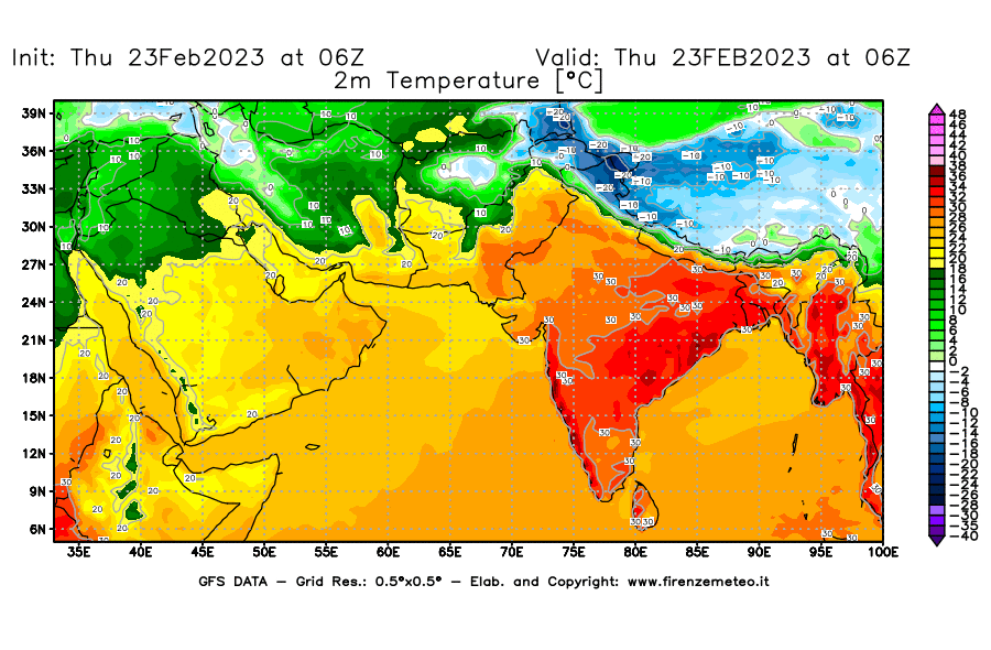 Mappa di analisi GFS - Temperatura a 2 metri dal suolo [°C] in Asia Sud-Occidentale
							del 23/02/2023 06 <!--googleoff: index-->UTC<!--googleon: index-->