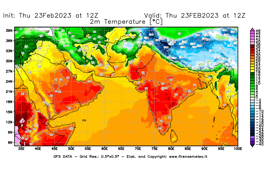 Mappa di analisi GFS - Temperatura a 2 metri dal suolo [°C] in Asia Sud-Occidentale
							del 23/02/2023 12 <!--googleoff: index-->UTC<!--googleon: index-->
