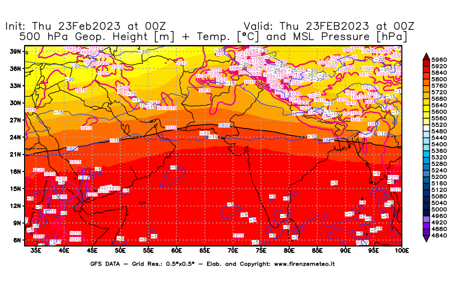 Mappa di analisi GFS - Geopotenziale [m] + Temp. [°C] a 500 hPa + Press. a livello del mare [hPa] in Asia Sud-Occidentale
							del 23/02/2023 00 <!--googleoff: index-->UTC<!--googleon: index-->