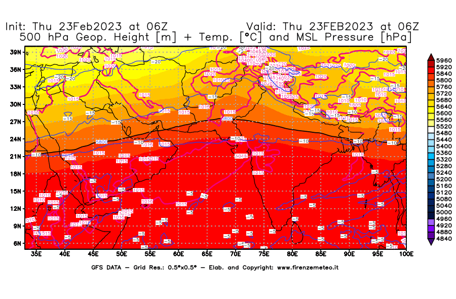 Mappa di analisi GFS - Geopotenziale [m] + Temp. [°C] a 500 hPa + Press. a livello del mare [hPa] in Asia Sud-Occidentale
							del 23/02/2023 06 <!--googleoff: index-->UTC<!--googleon: index-->