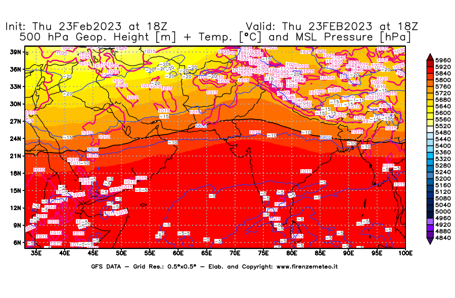 Mappa di analisi GFS - Geopotenziale [m] + Temp. [°C] a 500 hPa + Press. a livello del mare [hPa] in Asia Sud-Occidentale
							del 23/02/2023 18 <!--googleoff: index-->UTC<!--googleon: index-->