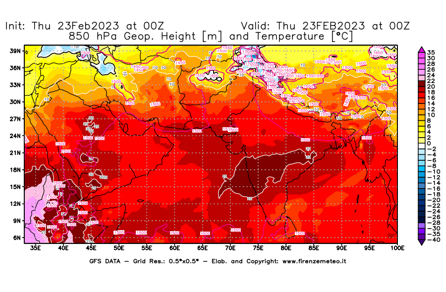 Mappa di analisi GFS - Geopotenziale [m] e Temperatura [°C] a 850 hPa in Asia Sud-Occidentale
							del 23/02/2023 00 <!--googleoff: index-->UTC<!--googleon: index-->