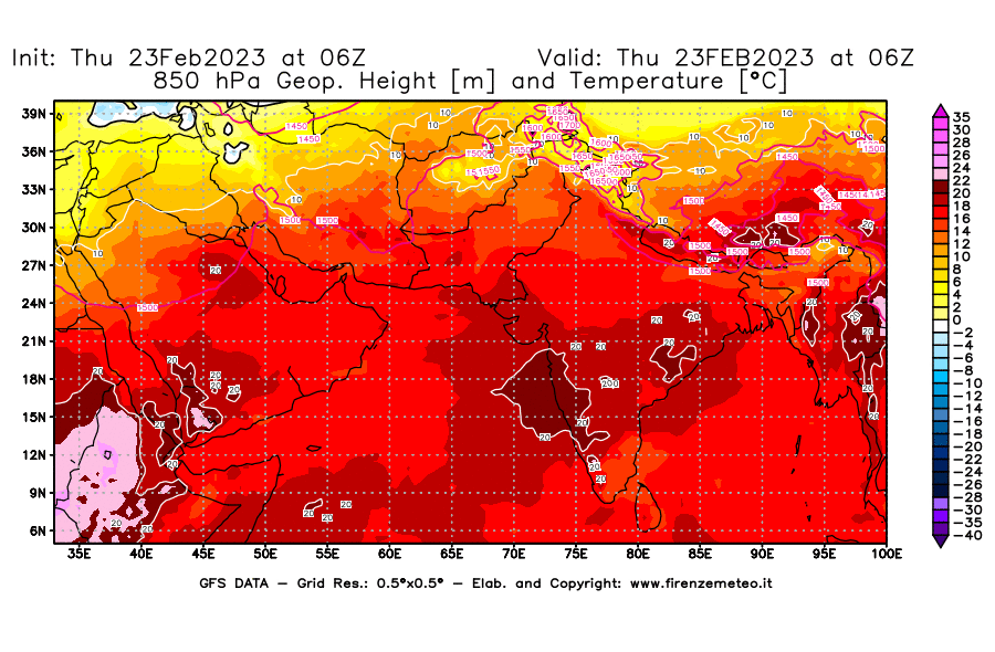 Mappa di analisi GFS - Geopotenziale [m] e Temperatura [°C] a 850 hPa in Asia Sud-Occidentale
							del 23/02/2023 06 <!--googleoff: index-->UTC<!--googleon: index-->