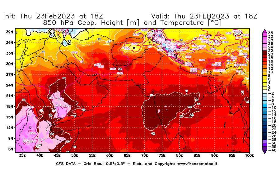 Mappa di analisi GFS - Geopotenziale [m] e Temperatura [°C] a 850 hPa in Asia Sud-Occidentale
							del 23/02/2023 18 <!--googleoff: index-->UTC<!--googleon: index-->