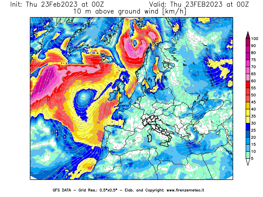 Mappa di analisi GFS - Velocità del vento a 10 metri dal suolo [km/h] in Europa
							del 23/02/2023 00 <!--googleoff: index-->UTC<!--googleon: index-->
