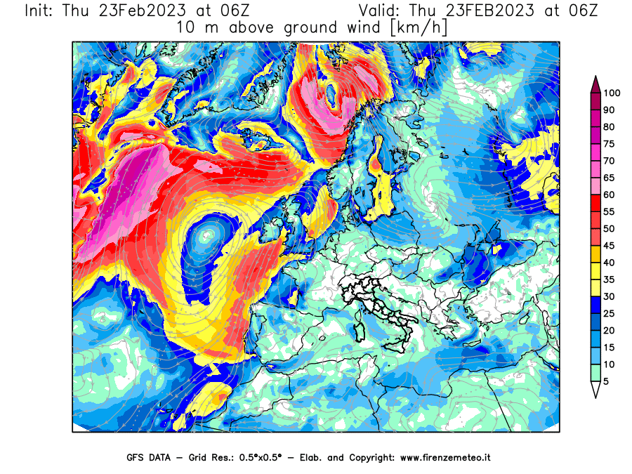 Mappa di analisi GFS - Velocità del vento a 10 metri dal suolo [km/h] in Europa
							del 23/02/2023 06 <!--googleoff: index-->UTC<!--googleon: index-->