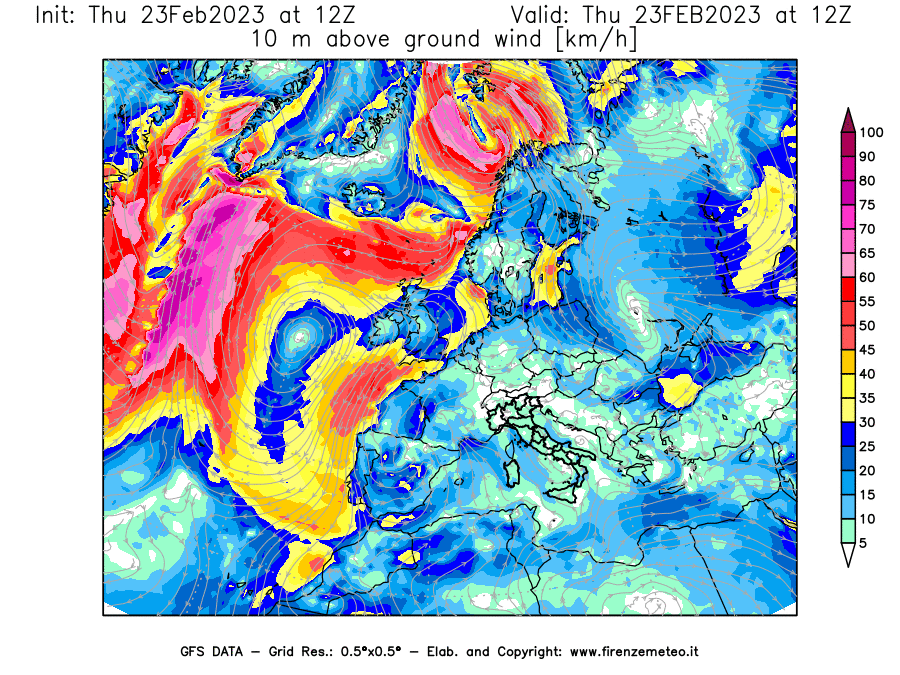 Mappa di analisi GFS - Velocità del vento a 10 metri dal suolo [km/h] in Europa
							del 23/02/2023 12 <!--googleoff: index-->UTC<!--googleon: index-->