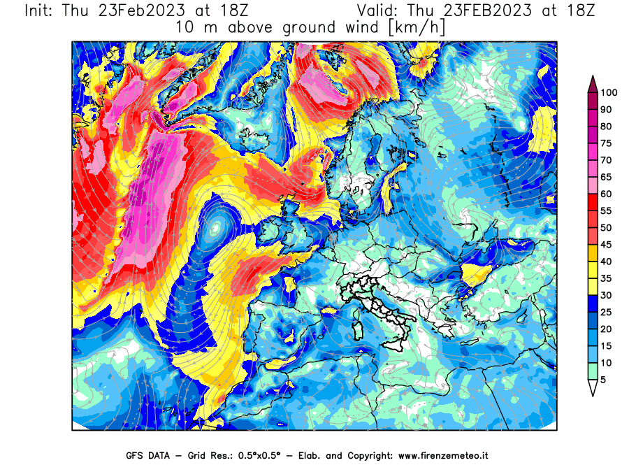 Mappa di analisi GFS - Velocità del vento a 10 metri dal suolo [km/h] in Europa
							del 23/02/2023 18 <!--googleoff: index-->UTC<!--googleon: index-->