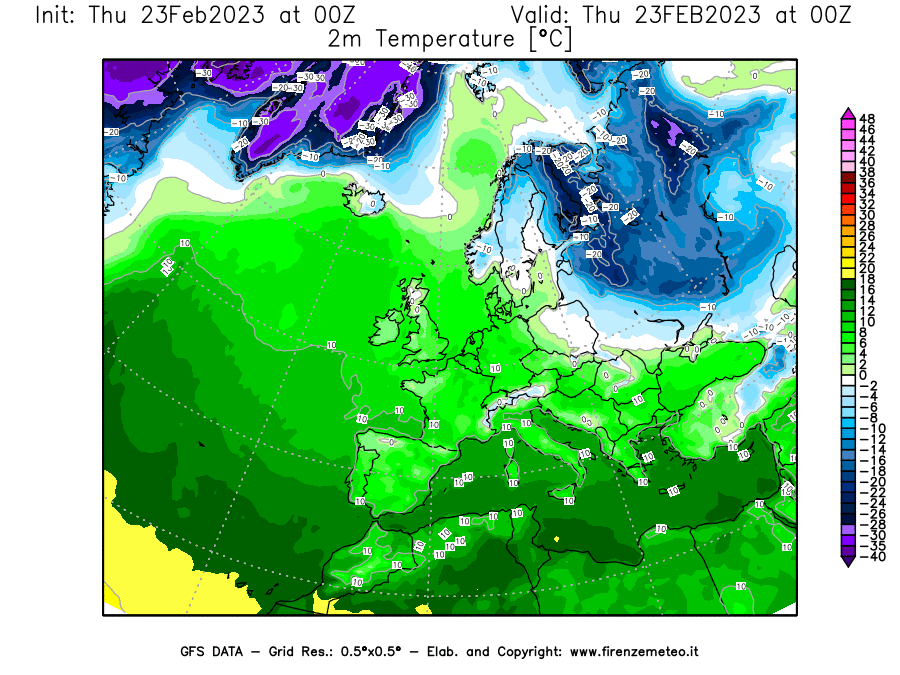 Mappa di analisi GFS - Temperatura a 2 metri dal suolo [°C] in Europa
							del 23/02/2023 00 <!--googleoff: index-->UTC<!--googleon: index-->