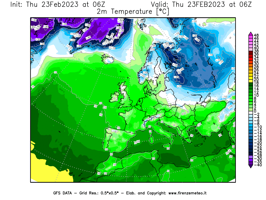 Mappa di analisi GFS - Temperatura a 2 metri dal suolo [°C] in Europa
							del 23/02/2023 06 <!--googleoff: index-->UTC<!--googleon: index-->