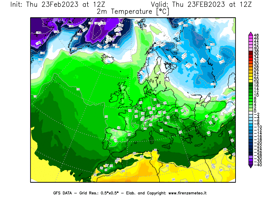 Mappa di analisi GFS - Temperatura a 2 metri dal suolo [°C] in Europa
							del 23/02/2023 12 <!--googleoff: index-->UTC<!--googleon: index-->