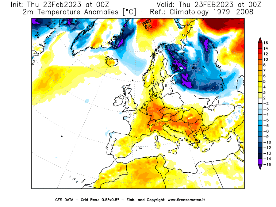 Mappa di analisi GFS - Anomalia Temperatura [°C] a 2 m in Europa
							del 23/02/2023 00 <!--googleoff: index-->UTC<!--googleon: index-->