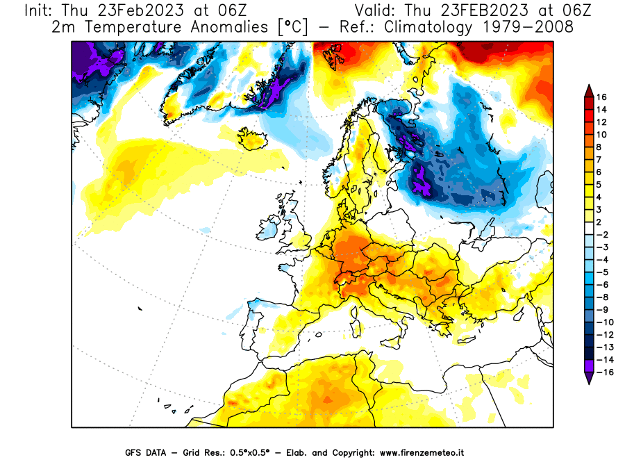Mappa di analisi GFS - Anomalia Temperatura [°C] a 2 m in Europa
							del 23/02/2023 06 <!--googleoff: index-->UTC<!--googleon: index-->