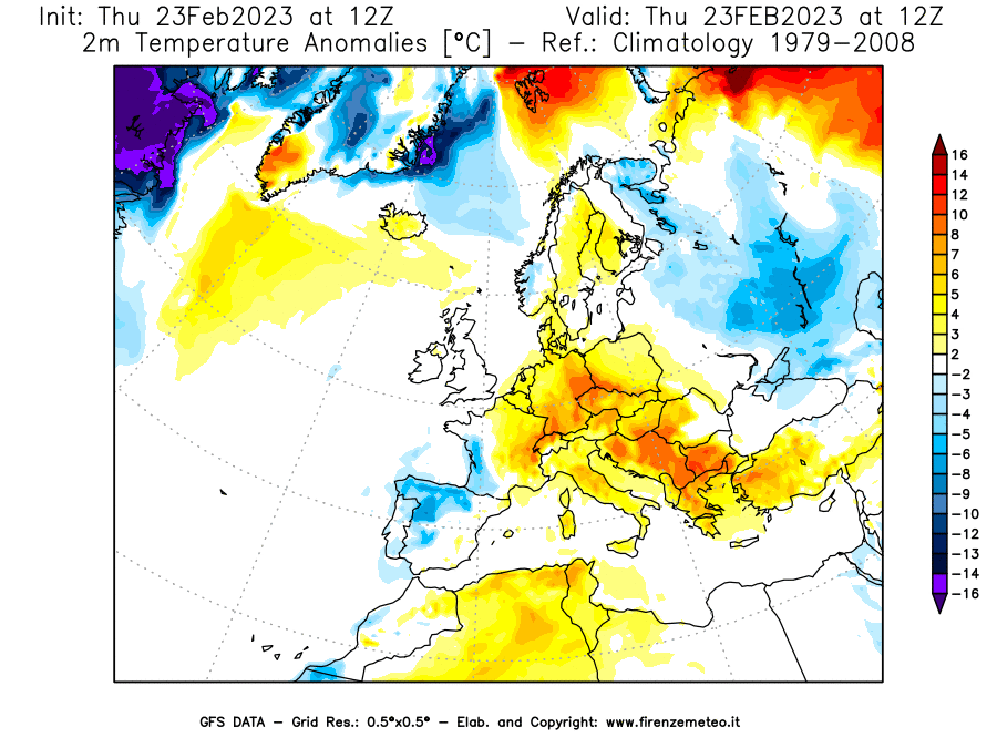 Mappa di analisi GFS - Anomalia Temperatura [°C] a 2 m in Europa
							del 23/02/2023 12 <!--googleoff: index-->UTC<!--googleon: index-->