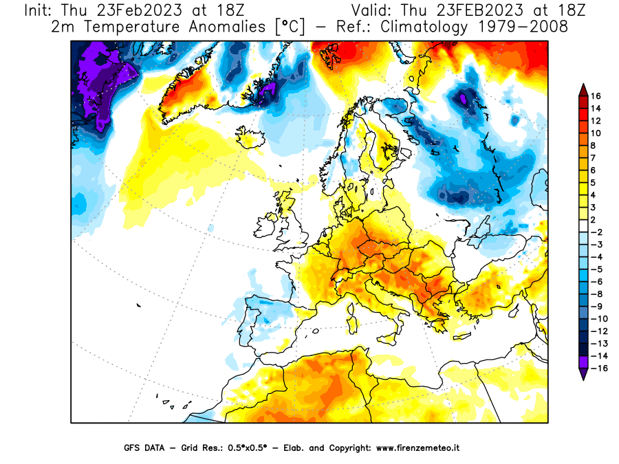 Mappa di analisi GFS - Anomalia Temperatura [°C] a 2 m in Europa
							del 23/02/2023 18 <!--googleoff: index-->UTC<!--googleon: index-->
