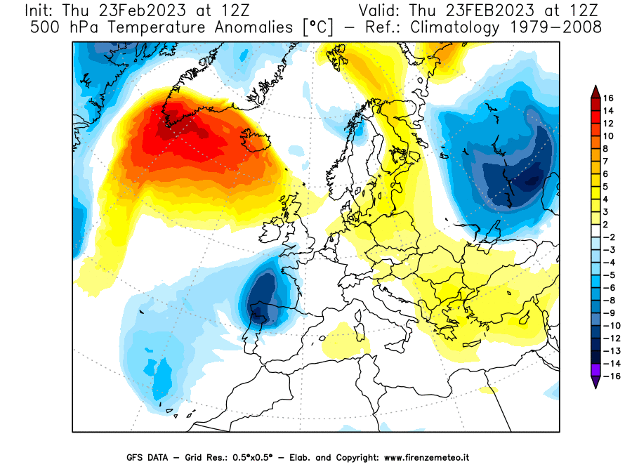 Mappa di analisi GFS - Anomalia Temperatura [°C] a 500 hPa in Europa
							del 23/02/2023 12 <!--googleoff: index-->UTC<!--googleon: index-->