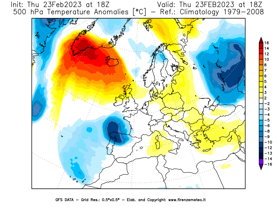 Mappa di analisi GFS - Anomalia Temperatura [°C] a 500 hPa in Europa
							del 23/02/2023 18 <!--googleoff: index-->UTC<!--googleon: index-->