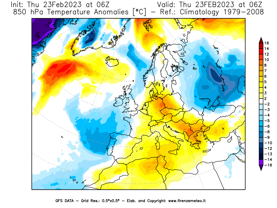 Mappa di analisi GFS - Anomalia Temperatura [°C] a 850 hPa in Europa
							del 23/02/2023 06 <!--googleoff: index-->UTC<!--googleon: index-->