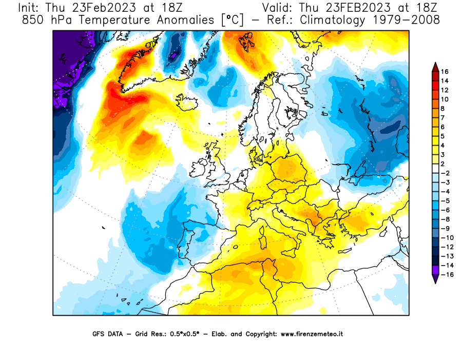 Mappa di analisi GFS - Anomalia Temperatura [°C] a 850 hPa in Europa
							del 23/02/2023 18 <!--googleoff: index-->UTC<!--googleon: index-->